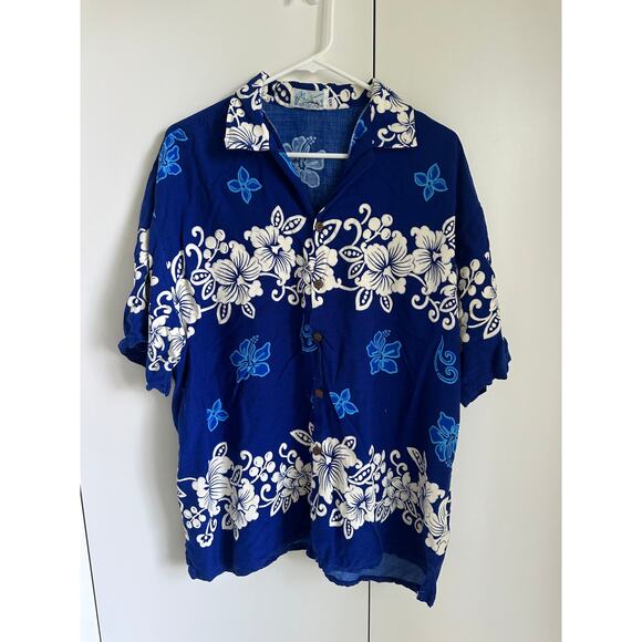 Vintage Hawaiian Shirt Mens Size XLarge Blue White Hibiscus vacation Cruisewear - Picture 1 of 4